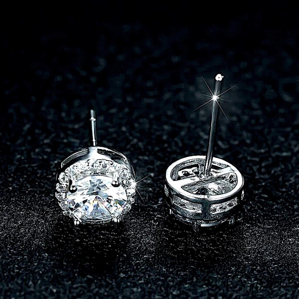 White Gold Zircon Stud Earrings, Round Cut - Picture 2 of 3
